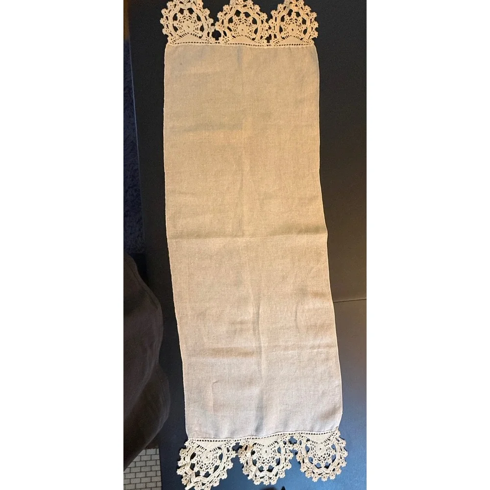 Vintage Linen Table Runner with Handmade Crochet Lace Trim Beige 52 Inch
